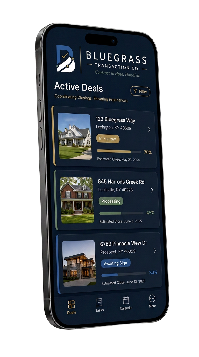 Preview of the Bluegrass Transaction Co. mobile app showing active real estate deals and transaction statuses
