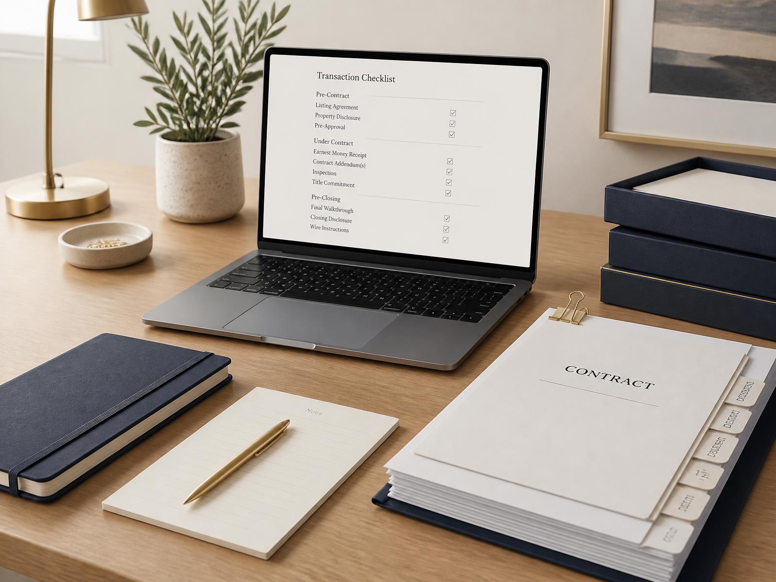 An organized desk with a transaction checklist on a laptop and neatly tabbed contract paperwork